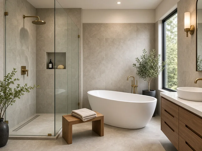 Spa-style bathroom with stone-look tile, glass shower and freestanding tub