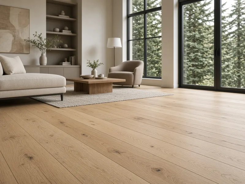 Wide-plank white oak floor in a bright living room