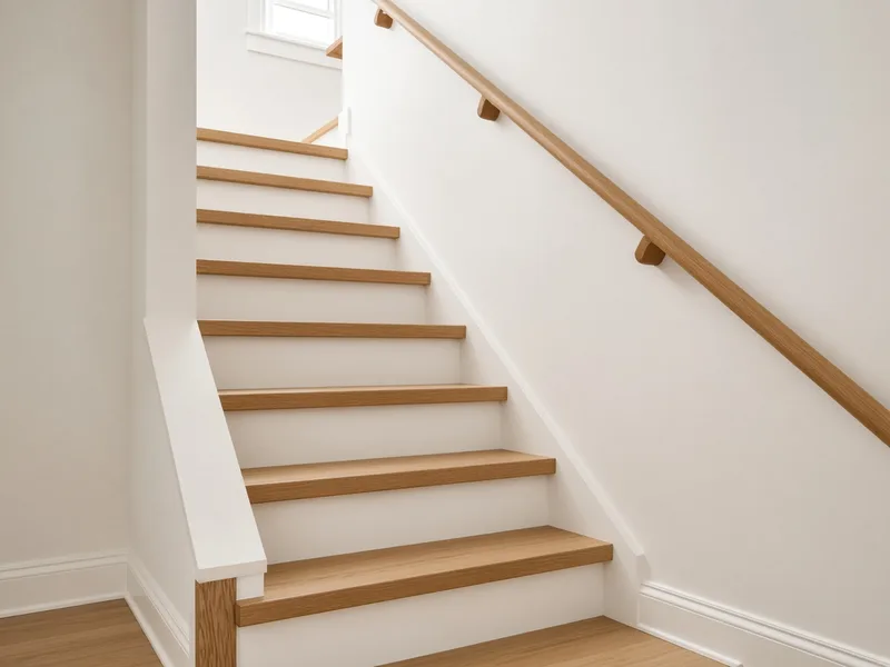 Oak stair treads with white risers and a wall-mounted handrail